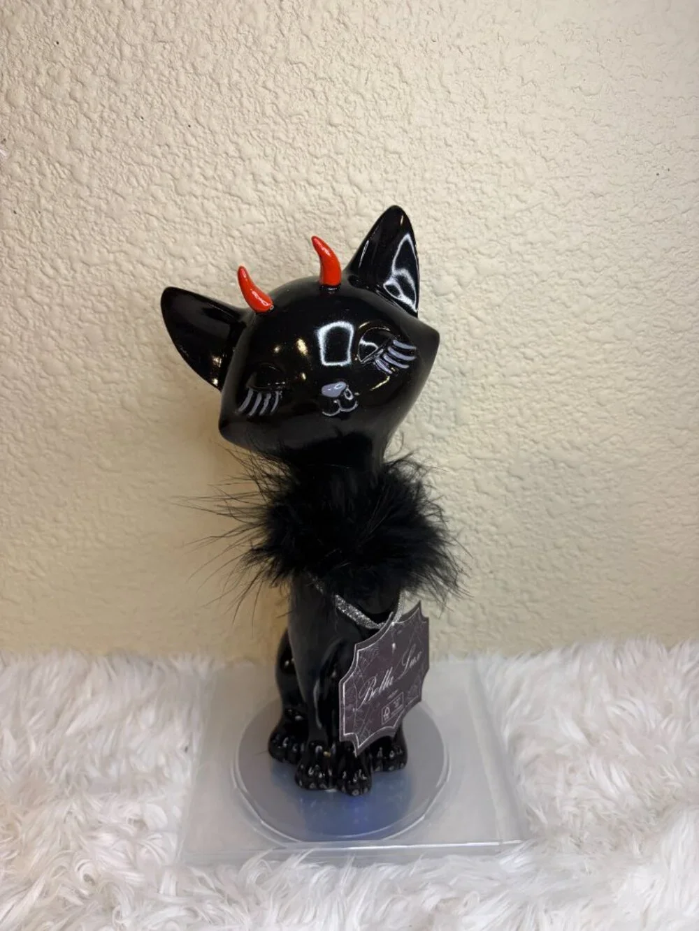 Bella Lux Black Devil Cat Figurine Gothic Halloween Decor Feather Boa Red Horns